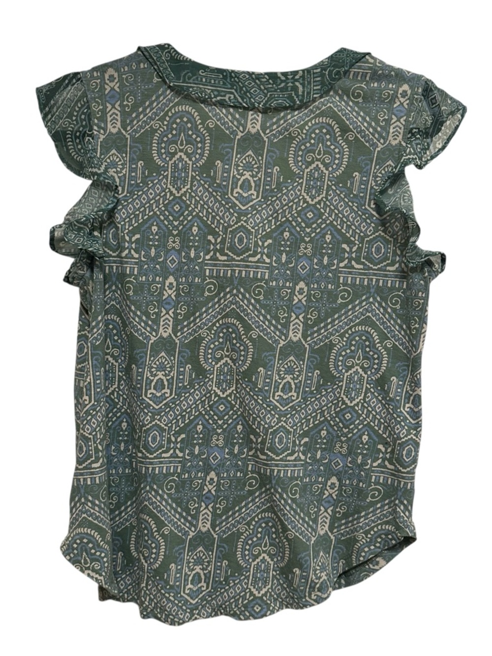 Lucky Brand Green Blue Mosaic Print Ruffle Flutter Sleeve Boho Top Medium - Picture 3 of 9